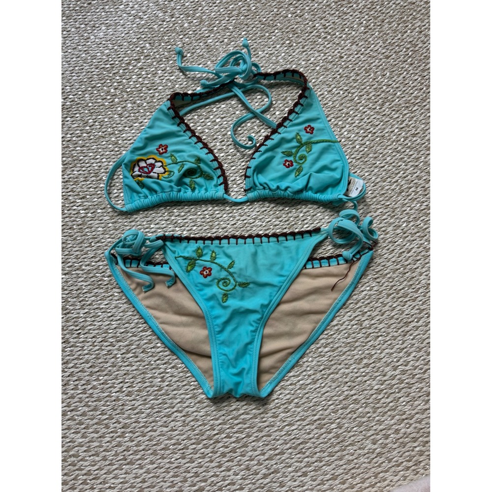 Y2K vintage Rusty Turquoise Floral Embroidered Whipstitch Triangle Bikini Set M